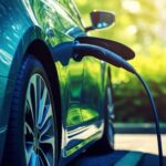 EV car plugged in at a charging point, showcasing sustainable energy against a nature backdrop with a blue energy glow.